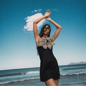 Zara | Dresses | Zara Limited Edition Crochet Flower Linen Mini Halter Tie  Dress S Black | Poshmark